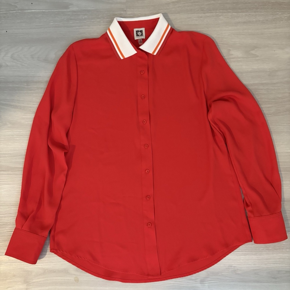 Anne Klein Women Button Down Blouse Red White Striped Collar Long Sleeve Size 10